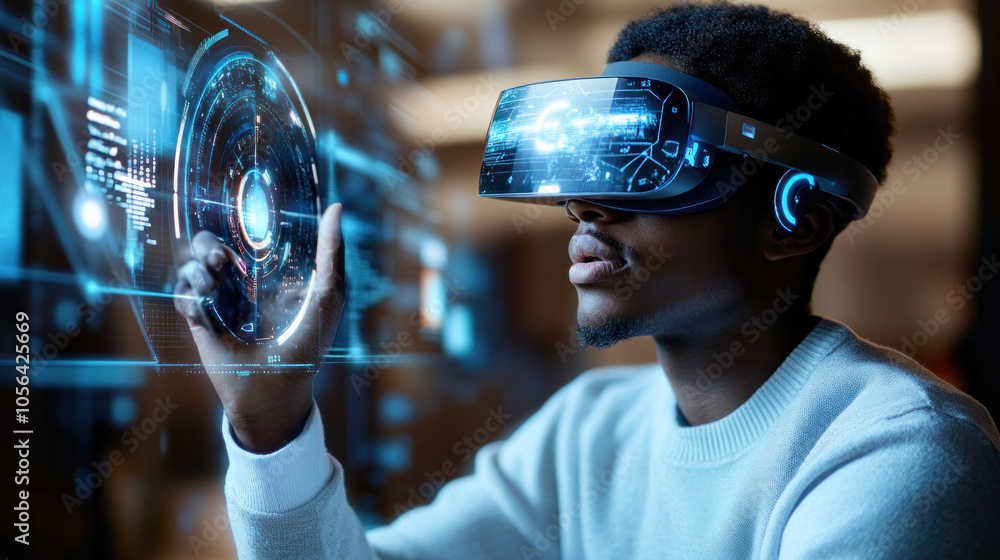 Aufkleber a man wearing a virtual reality headset is interacting with a computer screen. concept of immersion 