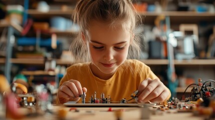 A little girl is seen intently constructing electronics in a workshop, embodying curiosity, hands-on learning, and the future of innovation.