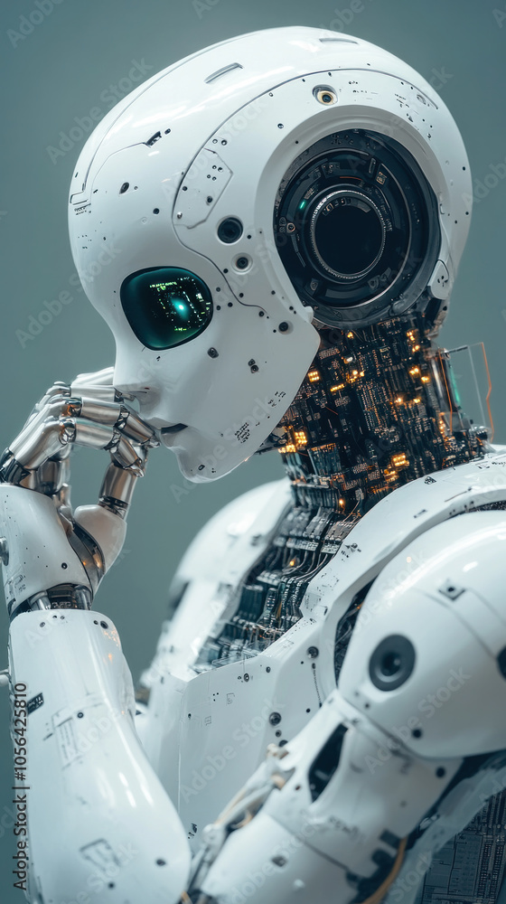 Poster a robot with a face and a head that is looking down. the robot is white and has a metallic appearanc