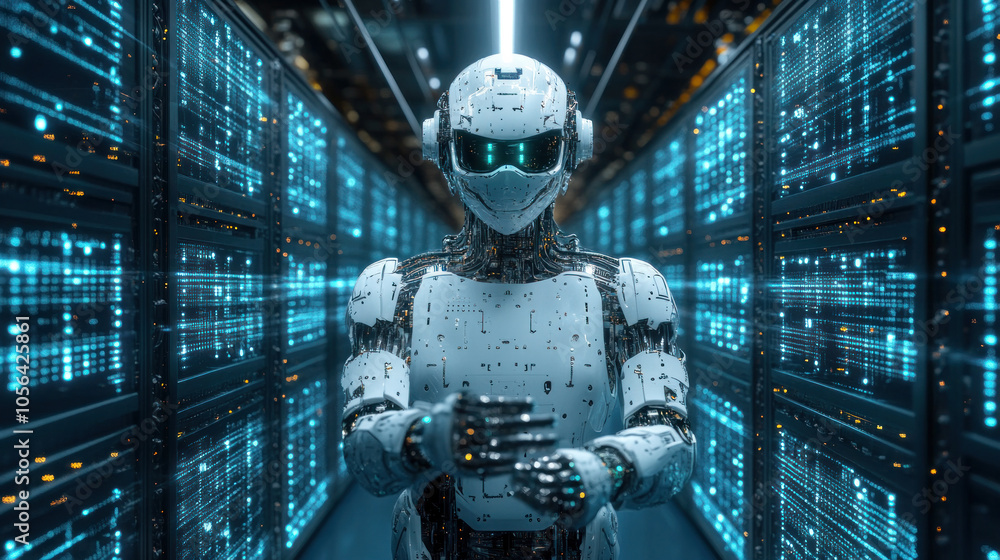 Poster a robot is standing in a room with many computer monitors. the robot is holding a hand out, as if it