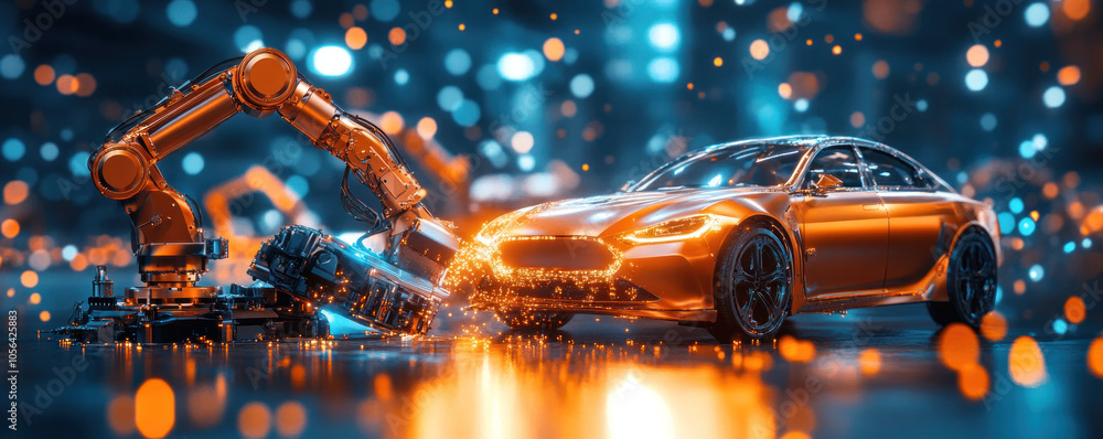 Poster a robot is working on a car that is in the process of being destroyed. the scene is set in a futuris