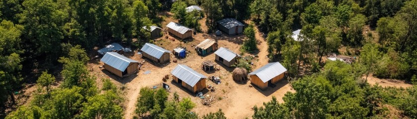 Aerial view of rustic cabins surrounded by lush greenery, showcasing a peaceful retreat in nature for relaxation and adventure.