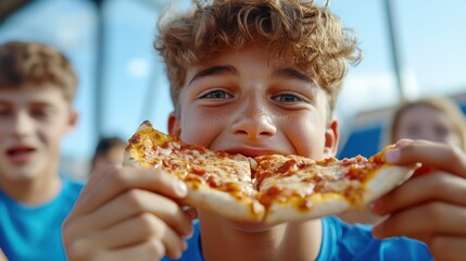A young boy, surrounded by friends, takes a delightful bite of pizza, brimming with joy and laughter as they gather around a table, sharing a fun meal together.
