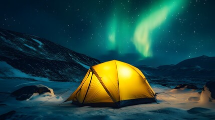 A glowing yellow camping tent under a beautiful green northern lights aurora. Travel adventure landscape background. Photo composite. 