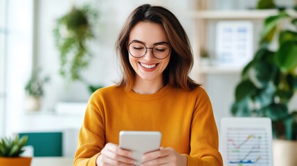 A cheerful young woman with glasses is seen smiling broadly while holding her smartphone, showcasing a moment of joy and connection in a bright environment.