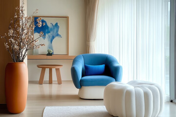 white Japandi style minimalist interior design with stylish armchair