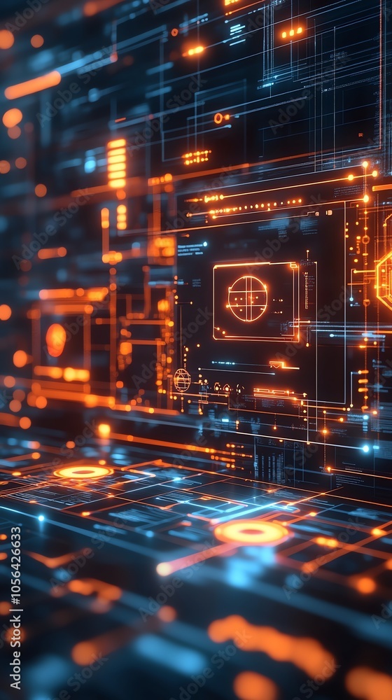 Poster Abstract digital background with glowing lines and circuits in futuristic style.