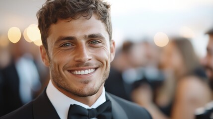 A young man smiles brightly while dressed in a tuxedo and surrounded by an elegant crowd at a formal social gathering, exuding charm and confidence.