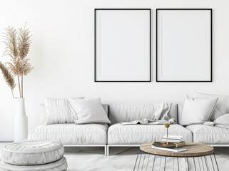 Minimalist living room interior with a white sofa. two empty frames. a coffee table. and a vase with dried flowers