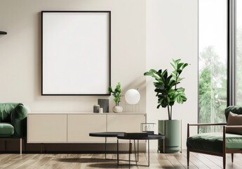 A modern living room interior with a large blank canvas. green velvet armchairs. a coffee table. and a potted plant. perfect for showcasing artwork or design concepts