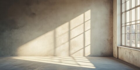 Obraz premium A spacious, empty room with large windows casting sunlight on concrete walls, creating a minimalist and serene atmosphere.