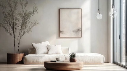 Minimalist and boho style interior design with modern living room and white sofa