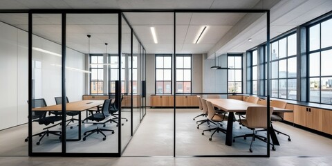 modern office interior, open workspace, glass partitions, minimalist design, ergonomic furniture, natural light, hardwood floors, ceiling lights, sleek conference table, office chairs, clean aesthetic
