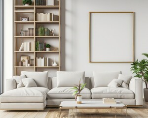A modern living room with a white sectional sofa. a coffee table. a bookshelf. and a large empty picture frame