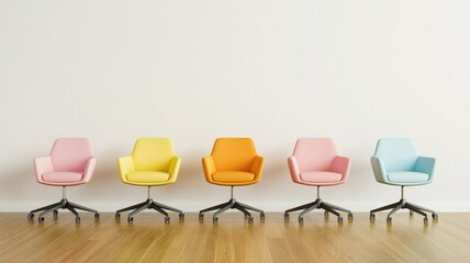 Colorful modern chairs lined against a minimalistic wall, perfect for contemporary interior design inspiration.