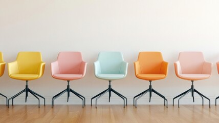 Colorful modern chairs lined up against a minimalistic wall, perfect for adding a pop of color to any decor.