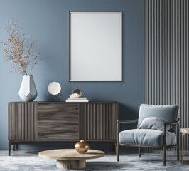 A modern living room with a blue wall. a wooden cabinet. a blue armchair. a wooden coffee table. a vase with dried branches. and a blank frame on the wall
