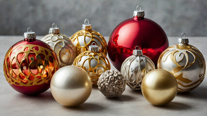 Abstract composition of holiday ornaments in a playful arrangement