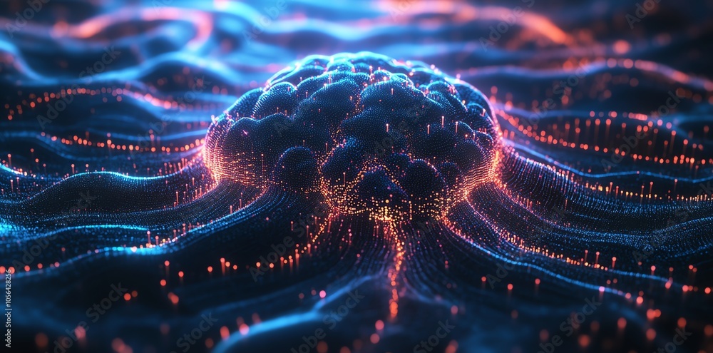 Poster Abstract glowing 3D digital brain with glowing neural connections.