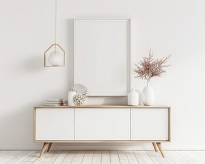 A minimalist living room interior with a white console table. a large white frame. and a vase of dried flowers