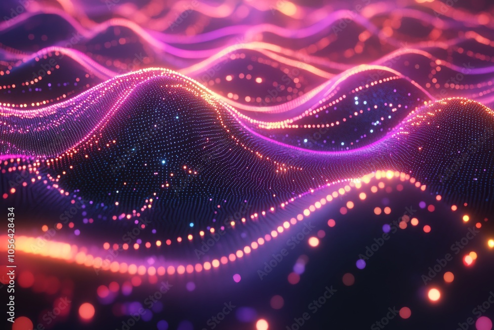 Poster Abstract background with flowing waves of light and particles.