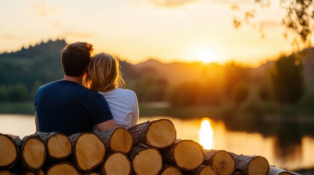 A couple sits comfortably by a stack of logs, taking in the stunning sunset over the lake, symbolizing relaxation, connection, and the beauty of nature.