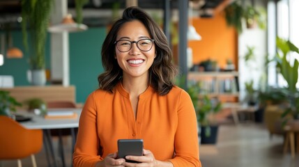 A young woman in a vibrant orange shirt is joyfully using her smartphone in a modern office setting, conveying productivity, connection, and a positive work environment.