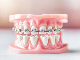 Obraz premium Dental model showcasing braces on teeth for orthodontic education and awareness in dentistry practice.