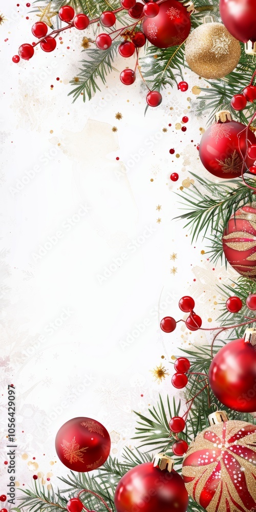 Poster a white background with red and gold ornaments and a red ribbon. the red ribbon is on the left side 