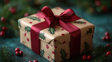 A 3D Christmas gift box wrapped in festive holly-patterned paper and a red ribbon.