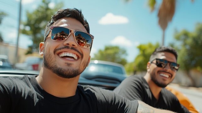 Two men wearing sunglasses enjoy a sunny drive together, showcasing friendship, freedom, and joy. They are seated in a convertible car with clear blue skies above.