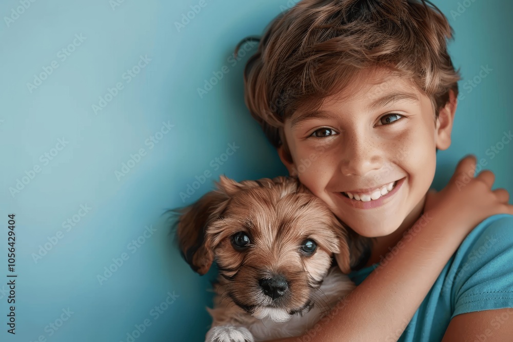 Wall mural happy boy cuddling adorable puppy on blue background, concept for pet shop advertising and care serv