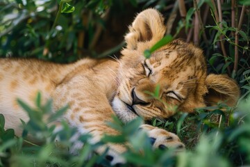 A close-up of a cute lion cub sleeping peacefully among green foliage, showcasing the beauty of wildlife in its natural habitat.