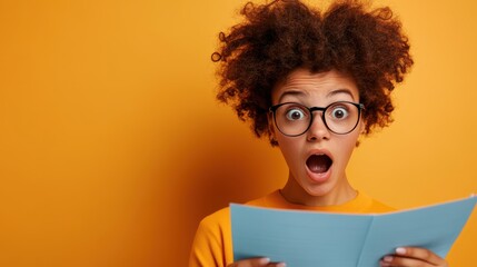 A young woman with glasses and curly hair displays shock as she reads a document against a bold yellow background, wearing a casual orange sweater with expressions.