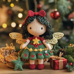 Fototapeta premium Nice beautiful New Year and Christmas fairy crocheted handmade hand decor, craft, creative art decor picture holiday
