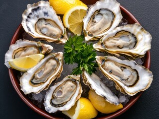 Fresh oysters served on ice with lemon slices and green garnish, perfect for a seafood platter or gourmet dining experience.