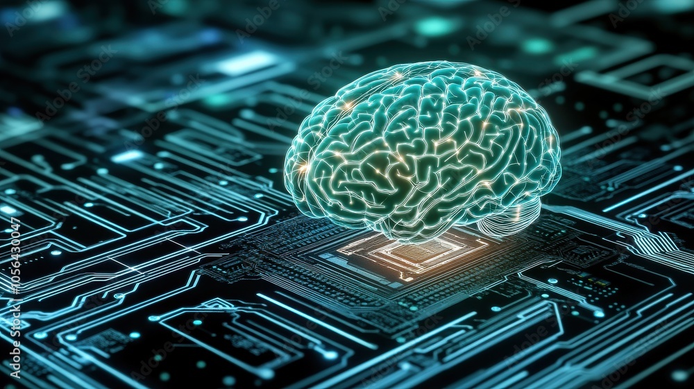 Poster futuristic concept of a brain over a circuit board, symbolizing artificial intelligence and technolo