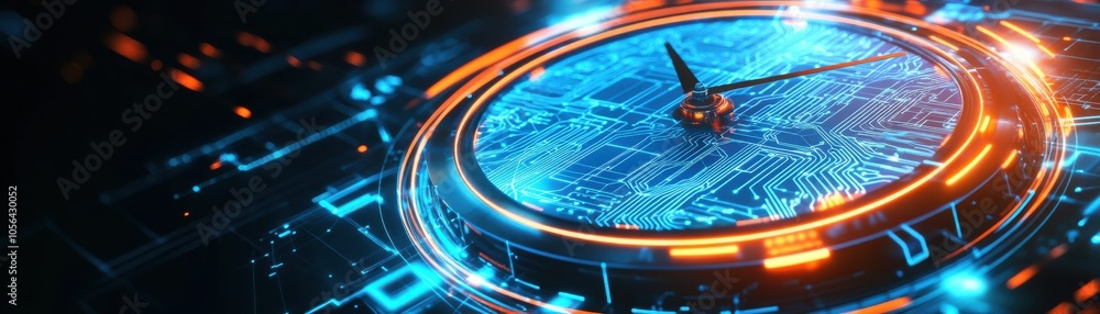 Poster futuristic clock design with digital elements, glowing colors, and intricate patterns representing t