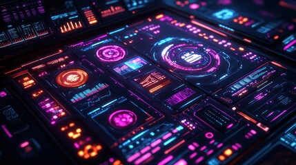 A futuristic, high-tech interface with glowing neon lights and digital data displays.