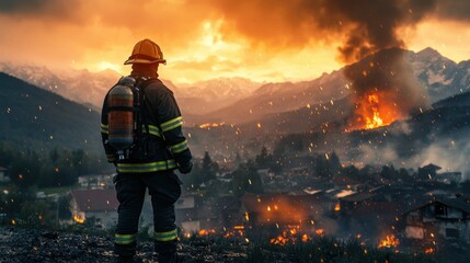 Firefighter watches over burning village in mountain valley as dusk falls, surrounded by flames and sparks, symbolizing courage and duty.