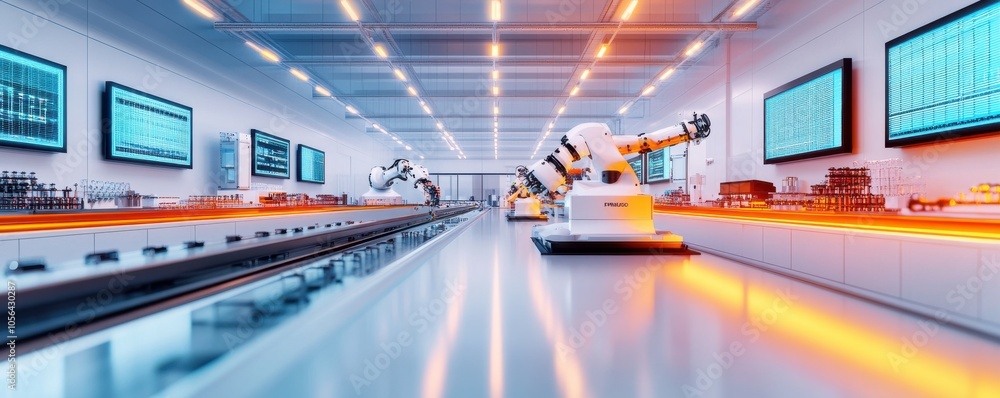 Poster futuristic factory interior with robotic arms operating in a high-tech environment, showcasing autom