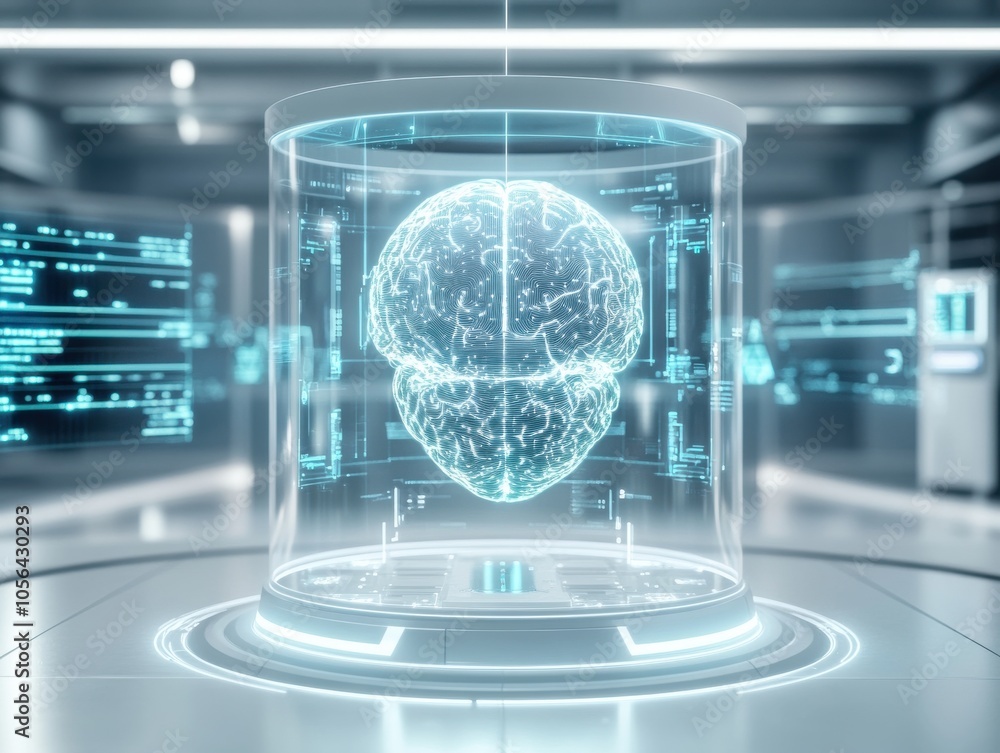 Poster futuristic holographic brain in a glass display, showcasing advanced technology and digital data in 