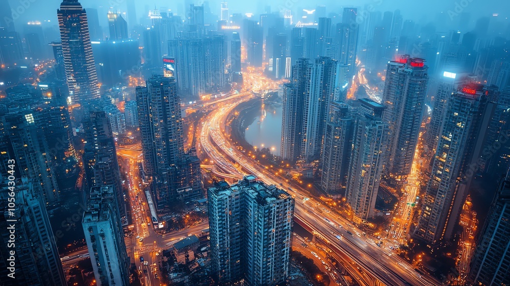 Poster aerial view of a modern city at night with a highway and buildings illuminated.