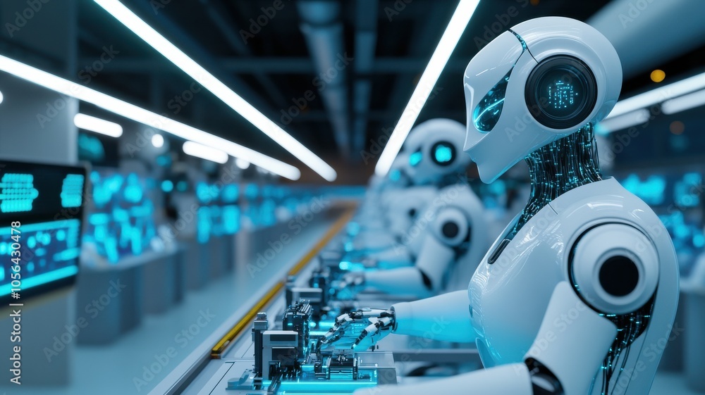 Poster futuristic robots working in a high-tech factory, showcasing advanced technology and automation in a