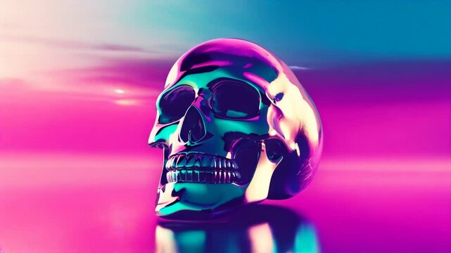 Intriguing reflective skull art in vibrant neon colors on a polished surface at dusk