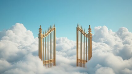 Fototapeta premium Golden gates rise above fluffy clouds, creating a serene and ethereal atmosphere against a bright blue sky.