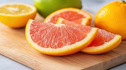 Slices of fresh grapefruit rest on a wooden board, surrounded by other citrus fruits, illustrating freshness, nutrition, and vibrant energy in a kitchen setting.