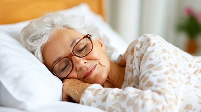 An elderly woman rests contentedly in bed with glasses on, exuding peace and comfort in her serene surroundings, capturing a tranquil moment of restful slumber.