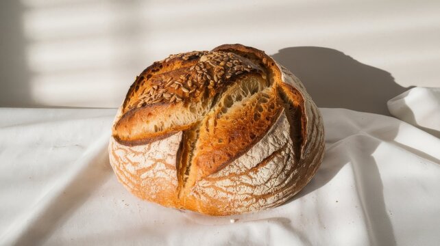 Single organic bread loaf on white backdrop, emphasizing natural and pure baking