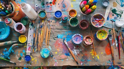 Fototapeta premium A table covered in paint and brushes with a variety of colors. The table is a mess, but it looks like a creative space for an artist